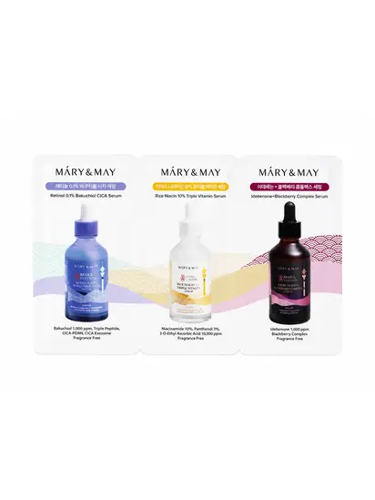 MARY & MAY Набір пробників сироваток для комплексного догляду за шкірою (Retinol, Rice, Idebenone), 3 × 1 мл