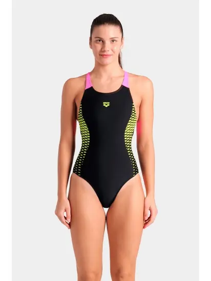 Купальник закритий для жінок Arena OPENINGS SWIMSUIT V BACK LB чорно-салатовий
