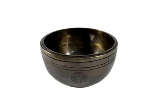 Товстостінна співаюча чаша Tiger Eye з різьбленням мантри «Ом Мані Падме Хум» та символу Удачі 19 см