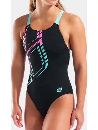 Купальник закритий для жінок Arena GRAPHIC SWIMSUIT SWIM PRO L чорний, блакитний, рожевий